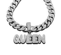 QSYJCCXD Unisex Adult Queen Alphabet Cuban Chain Necklace, 19.6 Inches, Gold Plated Stainless Steel, Rhinestone Letter Pendant