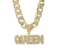 QSYJCCXD Unisex Adult Queen Alphabet Cuban Chain Necklace, 19.6 Inches, Gold Plated Stainless Steel, Rhinestone Letter Pendant