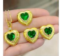 QSYJCCXD Valentine's Day Gift 24K Yellow Gold Plated Zircon Heart Necklace Earrings Ring-Green Necklace Earring Ring Set