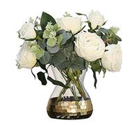 QSYJCCXD White Rose Artificial Flower with Glass Vase Set Bouquet Flowers Fake Flowers and Green Leaf Silk Flower for Home Decor Table Centerpiece Office Wedding Party Decoration