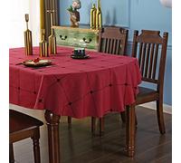 QsyyHome Lattice Oval Tablecloth Rustic Embroidery Cotton Linen Fabric Red Checkered Table Cover Tablecloths for Kitchen Dining Party Tabletop Decoration 60 x 84 inches