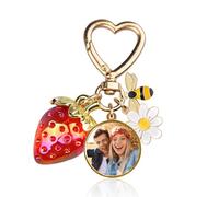 QSZ Custom Strawberry Bag Charm Personalized Purse Charms with Photo Cute Bee Flower Daisy Keychain Gift for Women Girls (Round)