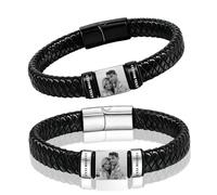 QSZ Personalised Leather Bracelet for Men Custom Engraved with Name Photo (Black)