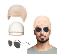 QSZHSL Halloween Bald Cap, Latex Bald Cap, Black Sunglasses, Fancy Dress, Makeup bald Head Wig cap, Halloween Cosplay Hat Costume Accessory