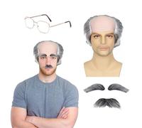 QSZHSL Old Man Bald Wig For Adults Kids, Short Curly Gray Old Men Bald Head Wig Fluffy Receding Hairline Costumes Cosplay wig with Fake Beard Eyebrows Glasses, Scientist Halloween Cosplay (Grey)