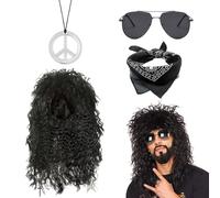 QSZHSL Set of 4 Rock Wigs Set, Rocker Costume Men's Set with Wig, 80s Wig Men, Vokuhila Wig, Men's Rocker Accessories, Mullet Wig for Halloween Costume Carnival (Pack of 4)