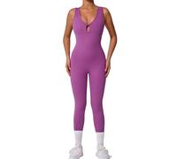 Qszmjo One-piece V Neck Workout Athletic Jumpsuit Women's Tummy Control Backless Yoga Bodysuit Butt Lift Cutout Sport Rompers, Purple, Medium