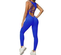 Qszmjo One-piece V Neck Workout Athletic Jumpsuit Women's Tummy Control Backless Yoga Bodysuit Butt Lift Cutout Sport Rompers, Blue, Medium
