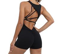 Qszmjo One-piece V Neck Workout Jumpsuit for Women Gym Backless Yoga Catsuit Bodysuit Butt Lift Cutout Sport Athletic Rompers, S/Balck, L
