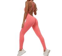 Qszmjo Womens One-piece Seamless Back Cross Yoga Jumpsuit Butt Lift Backless Workout Athletic Bodysuit Unitard Sport Rompers, L-orange, Medium