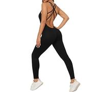 Qszmjo Women's Seamless Back Cross Yoga Jumpsuit One-piece Backless Workout Athletic Bodysuit Double Strap Sport Rompers, L-black, L