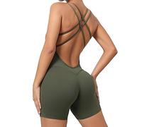 Qszmjo Women's Seamless Back Cross Yoga Jumpsuit One-piece Backless Workout Athletic Bodysuit Double Strap Sport Rompers, S-green, Medium