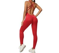 Qszmjo Women's Seamless Back Cross Yoga Jumpsuit One-piece Backless Workout Athletic Bodysuit Double Strap Sport Rompers, L-red, S