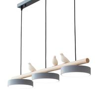 QTANZIQI 3-Lights LED Linear Pendant Light, Dining Room Table Dimmable Long Strip Chandelier, Nordic Bird Decorate Wood Hanging Lamp for Kitchen Island Farmhouse Hallway(Gray)