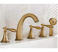 QTANZIQI Antique Brass 5Pcs Bathroom Tub Sink Faucet with Hand Shower Deck Mounted 5 Holes Three Cross Handles Bathtub Taps,B