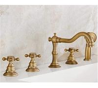 QTANZIQI Antique Brass 5Pcs Bathroom Tub Sink Faucet with Hand Shower Deck Mounted 5 Holes Three Cross Handles Bathtub Taps,C