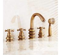 QTANZIQI Antique Brass 5Pcs Bathroom Tub Sink Faucet with Hand Shower Deck Mounted 5 Holes Three Cross Handles Bathtub Taps,A