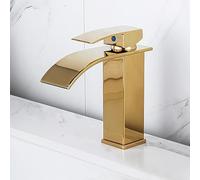 QTANZIQI Gold Bathroom Sink Faucet, Short High Arc Mixer Tap, Stylish Cascade, Luxury Gold Finish, Kitchen or Vanity Use, Waterfall Spout