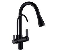 QTANZIQI Kitchen Bath Taps Faucet Drinking Water Faucet, High Arc Pull Down 2-Modes Sprayer Sink Dual Handle Copper Swivel Hot and Cold Mixer, Matte Black