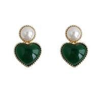 QTANZIQI Lllunimon Pearl Heart Earrings, Emerald Ear Studs for women, Vintage Court-Style Pearl Jewelry, Daily Wear, Gift for Mom/Grilfriend