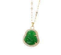 QTANZIQI New Smiling Lucky Maitreya Buddha Pendant Short Necklaces For Women Steel Girls Safe Guard Neck Chain Jewelry