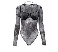 QTANZIQI Newspaper Letter Print Mesh Bodysuit Lady Chest Wrapping Halter Square Neck Vintage Clubwear Sheer Body T-Shirt