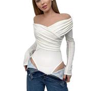 QTANZIQI Off Shoulder Slash Neck Bodysuits Women Overlap Solid Long Sleeve Basic T-Shirt Pleated Cross Bodycon Fashion