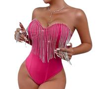 QTANZIQI Women's Sexy Strapless Rhinestone Fringe Leotard Bodysuits Sexy Bodycon Bustier Shapewear Top