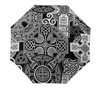 QTAVETEND Celtic Crosses And Ethnic Patterns Automatic Open Portable Folding Umbrella Waterproof Sun UV Protection Travel Outdoor Umbrellas for Women Men