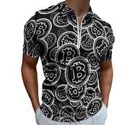 QTAVETEND Mens Zip Neck Short Sleeve Polo Shirts Bitcoin Currency Symbol Casual Golf Shirt L