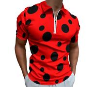 QTAVETEND Mens Zip Neck Short Sleeve Polo Shirts Red Dots Ladybird Bug Polka Dot Print Casual Golf Shirt M