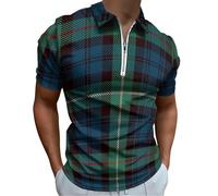 QTAVETEND Mens Zip Neck Short Sleeve Polo Shirts Tartan Plaid Red Blue Black Green Casual Golf Shirt 2XL