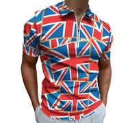 QTAVETEND Mens Zip Neck Short Sleeve Polo Shirts UK Flag Casual Golf Shirt XL