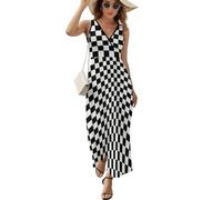 QTAVETEND Women Maxi Dresses Ladies V-Neck Casual Loose Sleeveless Loose White Black Check Plaid Long Dress Party Dresses L
