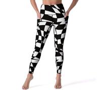 QTAVETEND Womens Leggings Black and White Check Pattern High Waist Yoga Pants Stretch Soft Workout Athletic Pants with Pockets L