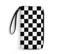 QTAVETEND Womens PU Leather Long Purse Wallet Black White Race Checkered Flag Handbags Multi Card Slots with Wristlet