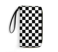QTAVETEND Womens PU Leather Long Purse Wallet White Black Check Plaid Handbags Multi Card Slots with Wristlet