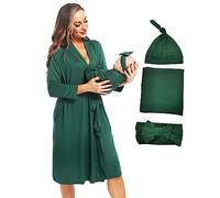 QTECLOR Maternity Robe with Matching Swaddle Blanket Set,Maternity Barhrobe Delivery Labor Robe for Hospital Women Dress, Pw F03 Green, Medium