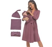 QTECLOR Maternity Robe with Matching Swaddle Blanket Set,Maternity Barhrobe Delivery Labor Robe for Hospital Women Dress, Pw F07 Blue, Large
