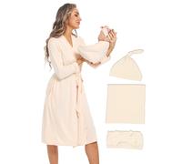 QTECLOR Maternity Robe with Matching Swaddle Blanket Set,Maternity Barhrobe Delivery Labor Robe for Hospital Women Dress, Pw F06 Khaki, Small