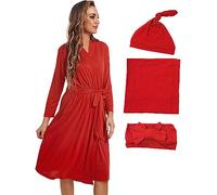 QTECLOR Maternity Robe with Matching Swaddle Blanket Set,Maternity Barhrobe Delivery Labor Robe for Hospital Women Dress, Pw F02 Red, XX-Large
