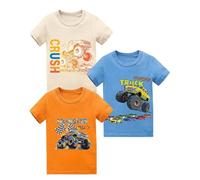 Qterdiz Boys T Shirts 3 Pack Kids Short Sleeve Cotton Tops Multipack Monster Truck Crew Neck Graphic Tees 3PK Tshirts Casual School Playwear