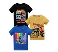 Qterdiz Boys T Shirts 3 Pack Kids Short Sleeve Cotton Tops Multipack Monster Truck Crew Neck Graphic Tees 3PK Tshirts Casual School Playwear