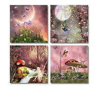 QTESPEII Fantasy Fairy Tale Wall Art 4 Pieces Pink Flowers and Colorful Butterfly Paintings Canvas Prints Modern Poster for Girls Bedroom Nursery Decor Unique Gifts for Daughter 12"x12" per Framed