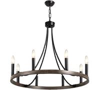 QTHWB Black Wagon Wheel Chandelier with Adjustable Light Chain, Metal Iron Candle in Farmhouse Grain Color Round Ceiling Light