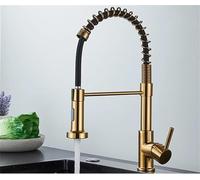 QTHWB Brass Single Handle Kitchen Faucet with Hot Cold Water Mixer Tap Pull Down Sprayer Nozzle Gold Dawn Chasing