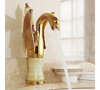 QTHWB Full Copper European swan Gold hot and Cold Basin Faucet Bathroom Vintage Paint Antique Chrome Mixed Faucet, Gold Green Jade Dwarf Model