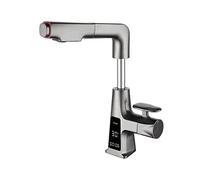 QTHWB Matte Black Digital Display Pull-Out washbasin Faucet can be Lifted and rotated Telescopic Full Copper Bathroom Cabinet hot and Cold Water Faucet, Gun Gray Digital Display Basin Pull-Out