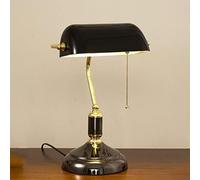 QTHWB Plating V-intage Desk Lamp/Table Light/Bedside Study Office Banker's Lamp with Black Glass Shade,Hardware Base and Pull,for Various Rooms