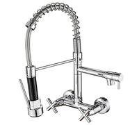 QTHWB Sink Faucets,Wall Mounted Brass Faucet,2 Handle High Arc Faucets with Pull Down Sprayer,Hot and Cold Water Kitchen Taps,Silver Thriving